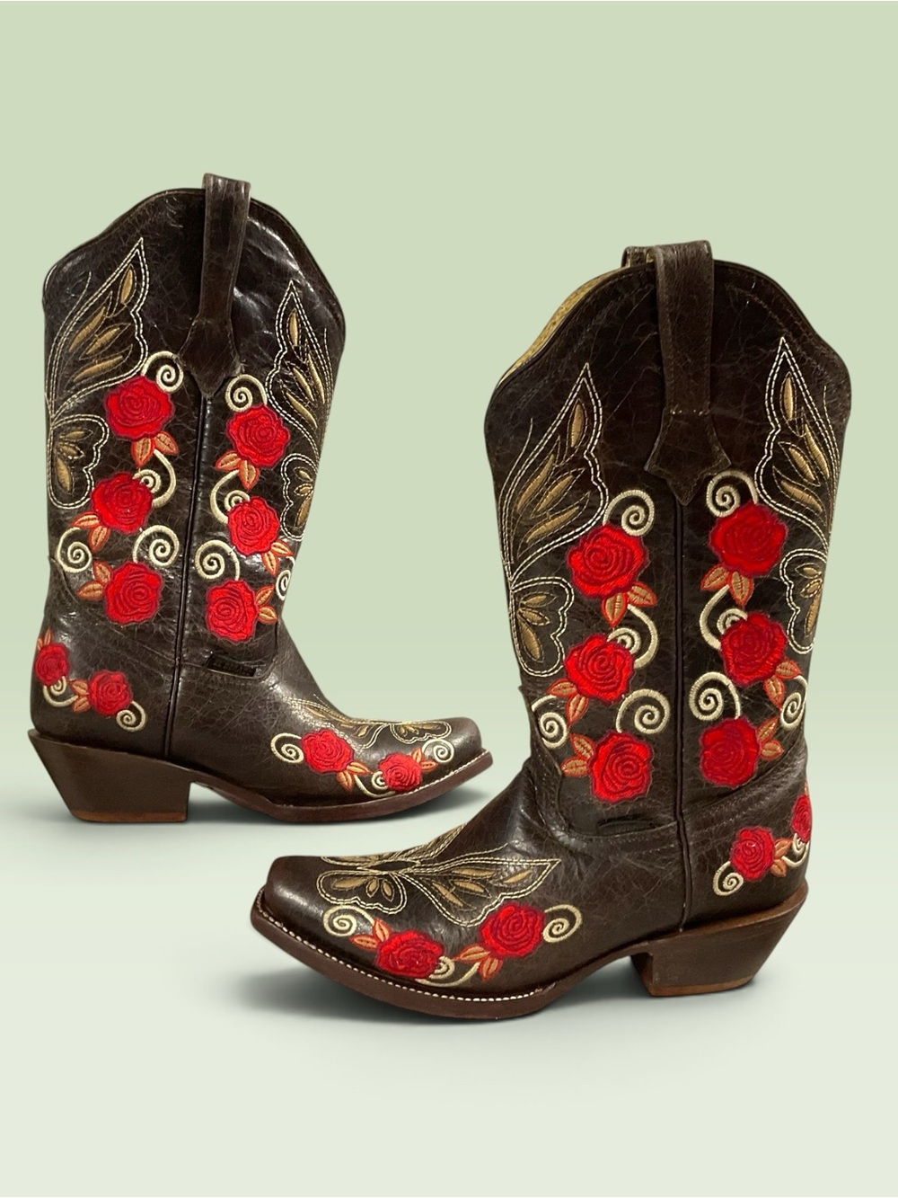 El Dorado Women's Brown Leather Western Boots w/Red Rose Embroidery Size 6/Mex23